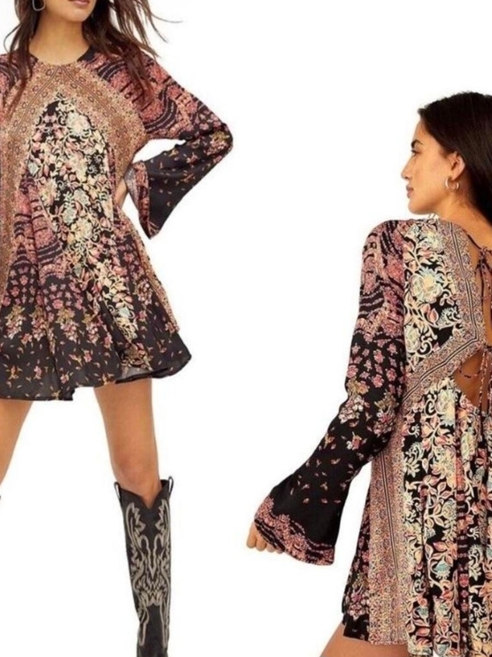 Boho Floral Bell-Sleeve Mini Dress in Black and Blush